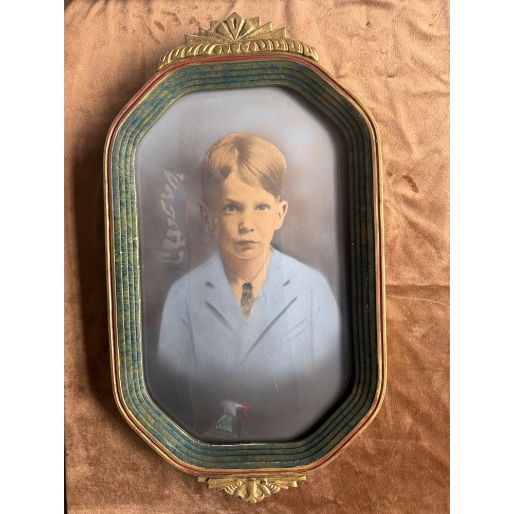 Antique Bubble Glass Frame with Portrait Young Boy Victorian Gold Green Wood